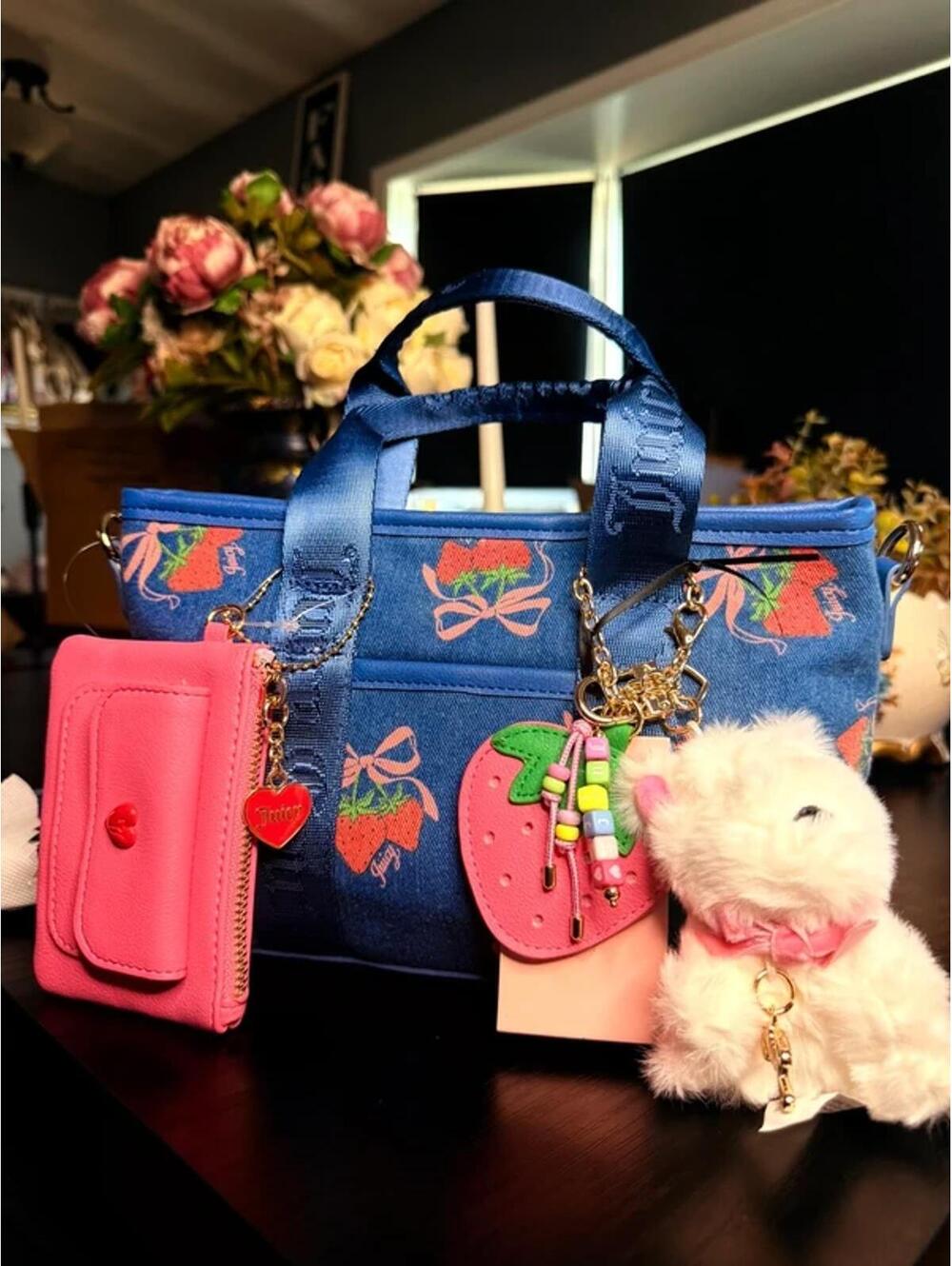 Juicy Couture Strawberry Denim Mini Tote Bag Charm Crossbody Y2K NWT